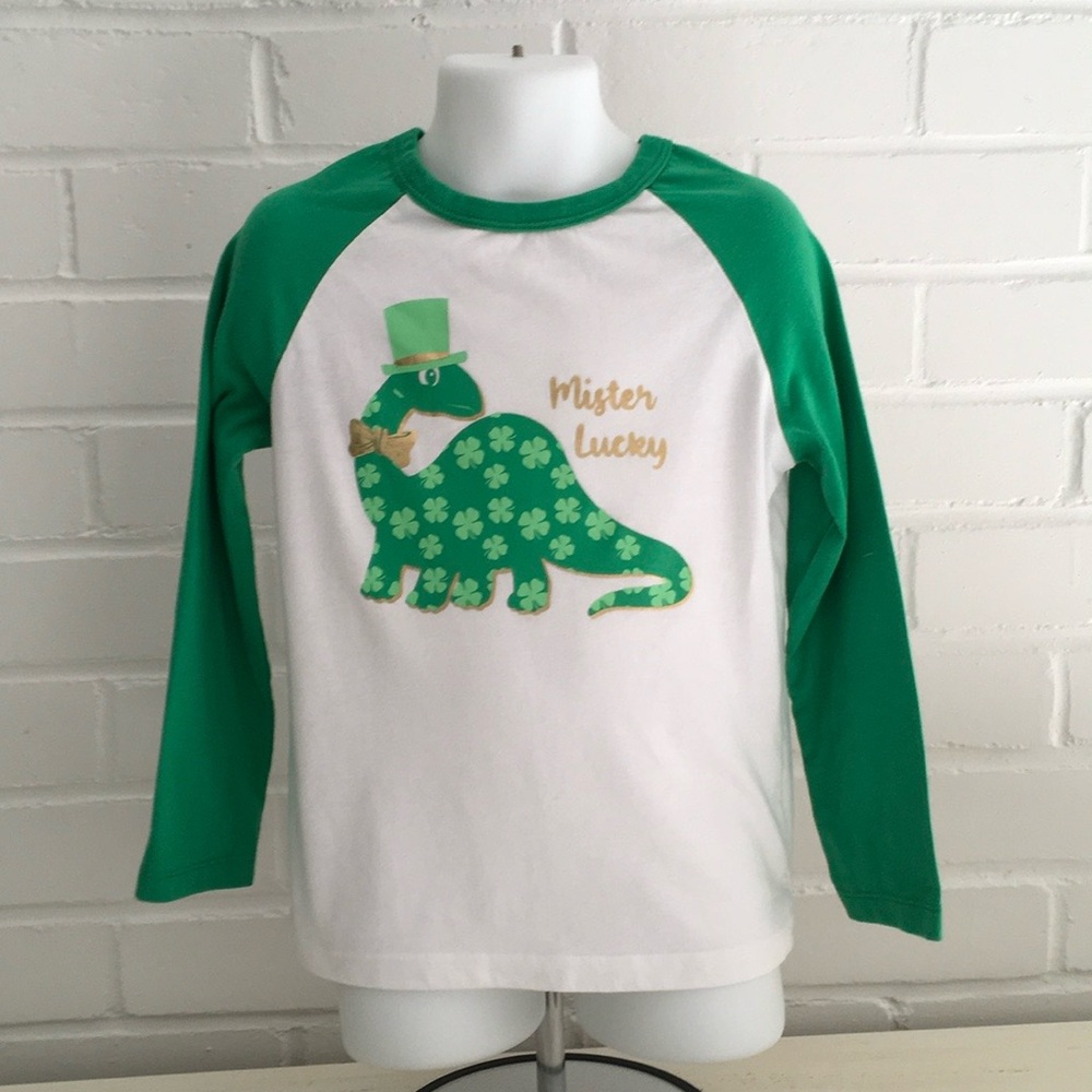 Boys Size 5T Green and White Dinosaur St. Patrick’s Day Long Sleeve T-Shirt